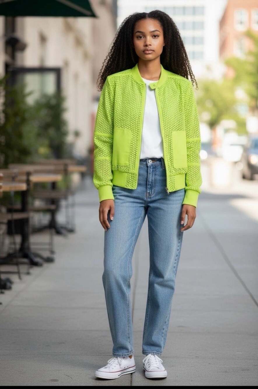 Kenneth Cole Neon Yellow Perforated Leather Jacket XS Moto Zip Up Blue Lined